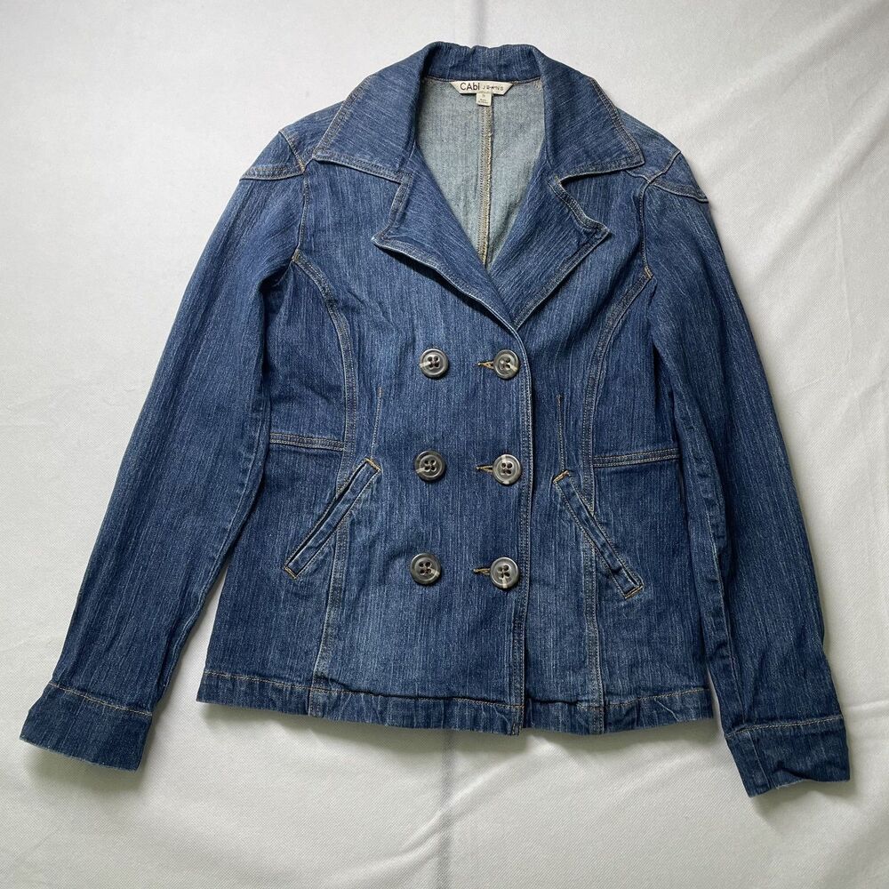 CAbi Jeans 518 Denim Peacoat Jacket Double Breasted Blue Long Sleeve Size S